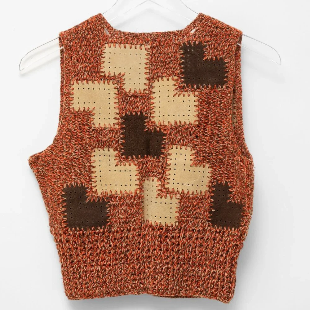Harpees Vest Vintage Leather Knit 70s Patchwork Knit Brown Tan Rust Size Medium - Picture 2 of 4